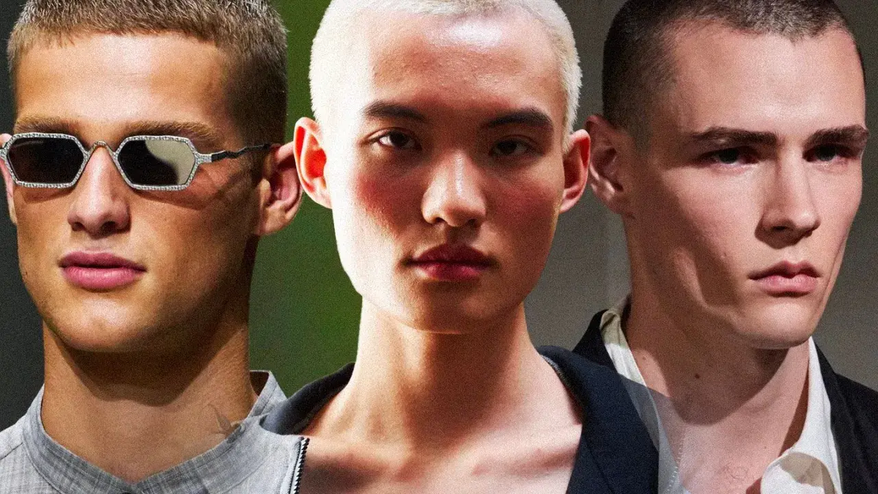 Tre volti con capelli cortissimi, un uomo con occhiali decorati, un altro con un taglio buzz cut donna, e un terzo con sguardo intenso.