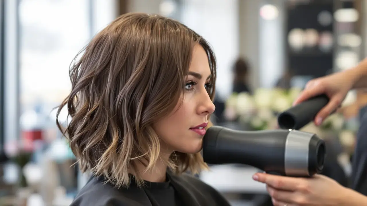Donna con un taglio scalato medio corto, mentre il parrucchiere le asciuga i capelli con un phon.