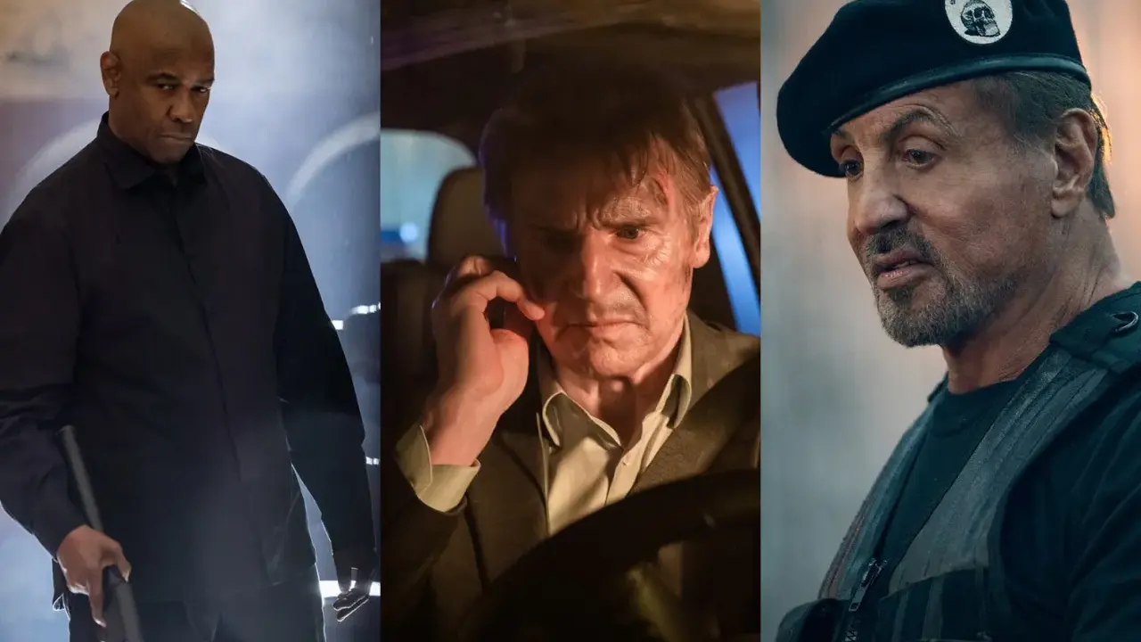 Denzel Washington, Liam Neeson e Sylvester Stallone in un collage di scene d'azione, anticipando "I mercenari 4".
