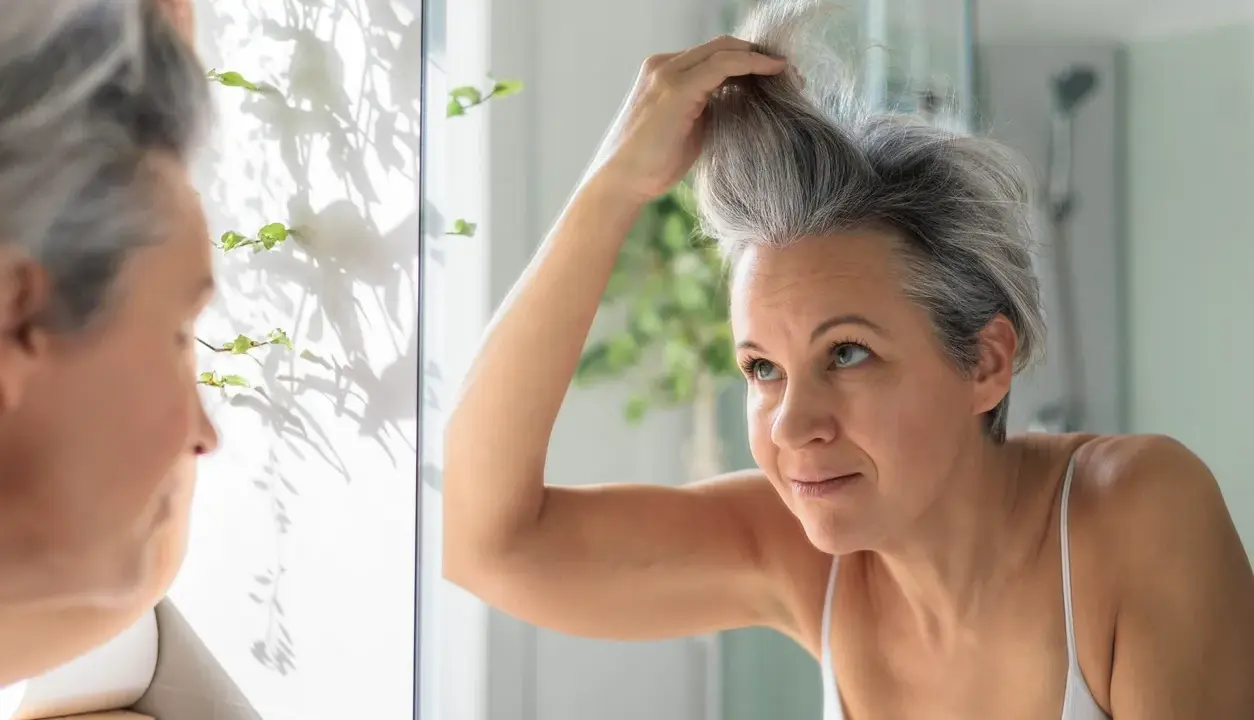 Donna si sistema i capelli grigi davanti allo specchio, cercando modi per camuffare i capelli bianchi senza tinta.