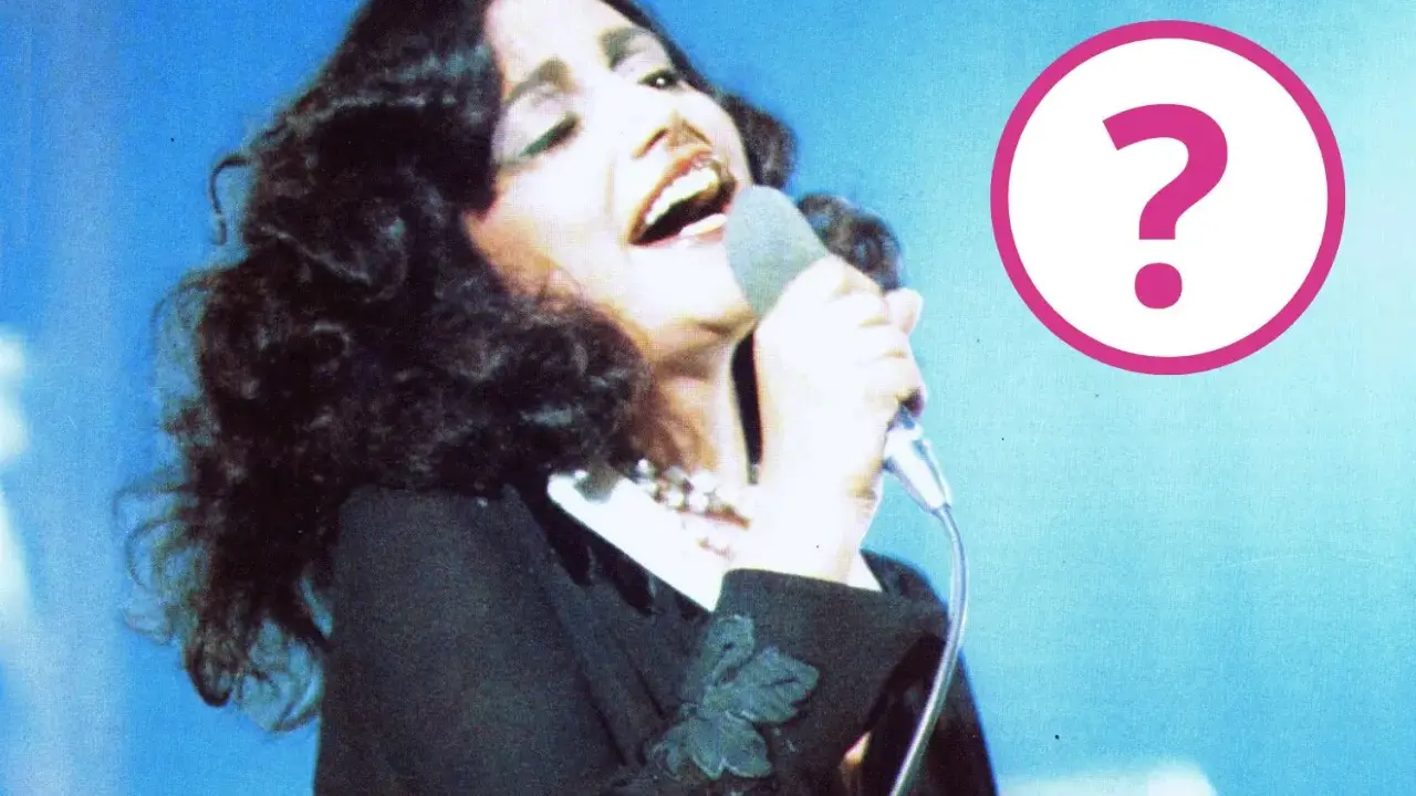 Cantante con microfono, forse un momento della sua **mia martini gravidanza**? Un punto interrogativo rosa campeggia a destra.