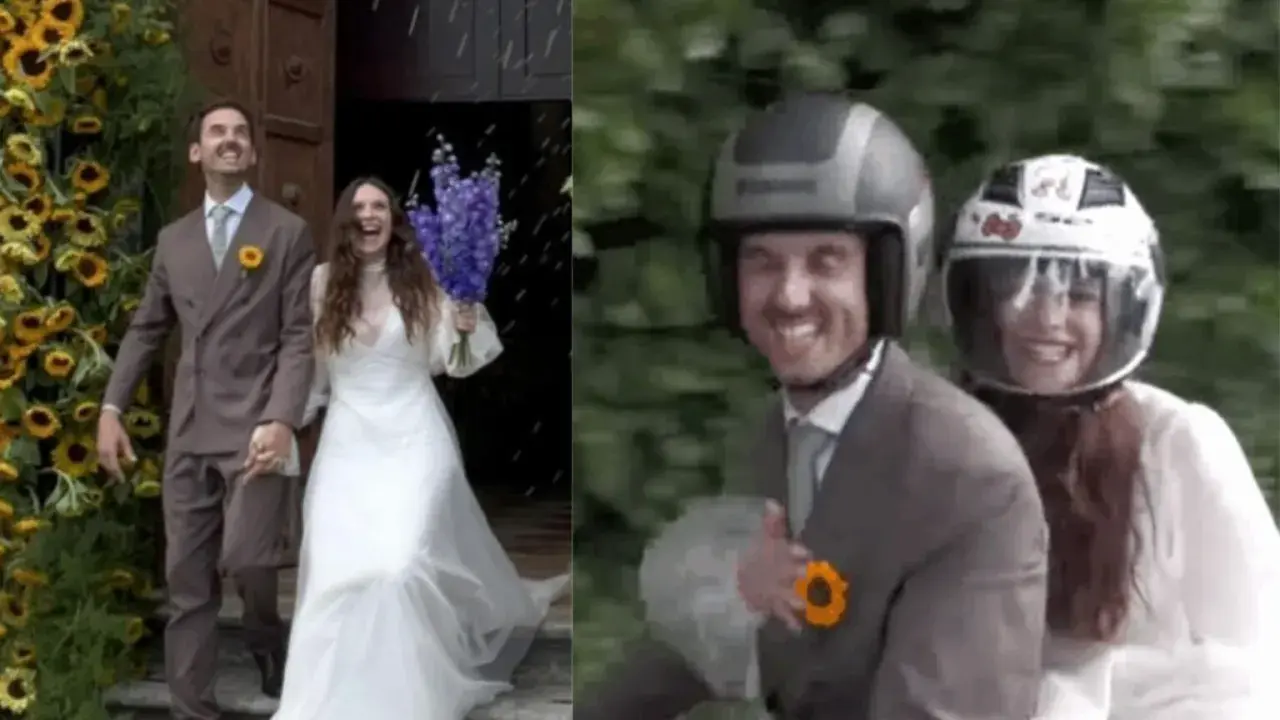 Coppia felice al suo matrimonio, con un bouquet di fiori e un giro in moto. Francesca Michielin festeggia il suo giorno speciale.