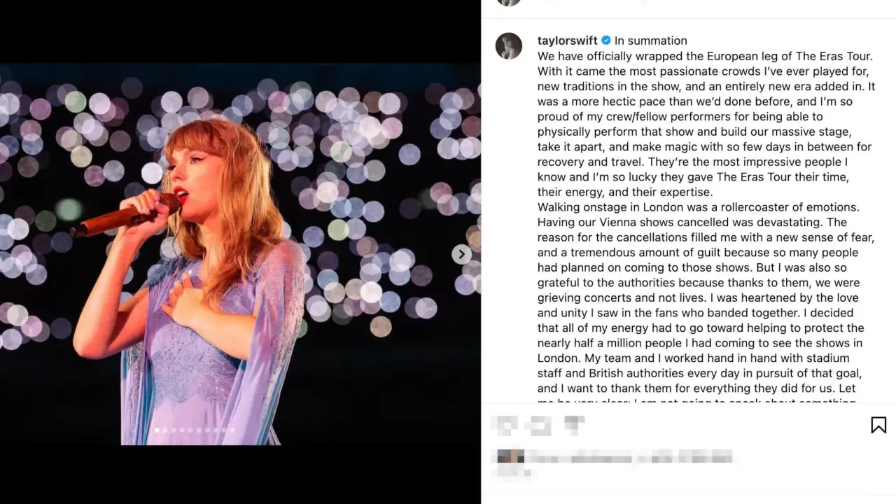 Taylor Swift canta sul palco, con un abito viola scintillante, durante il suo tour europeo. La sua performance a Vienna è stata cancellata, ma il suo tour continua.
