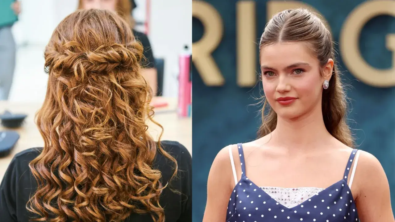 Capelli semi raccolti eleganti con ricci definiti e un'acconciatura laterale raffinata.