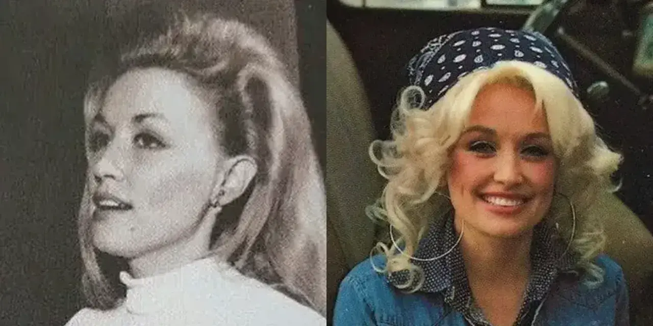 Dolly Parton senza parrucca, in un ritratto in bianco e nero e uno a colori con bandana.
