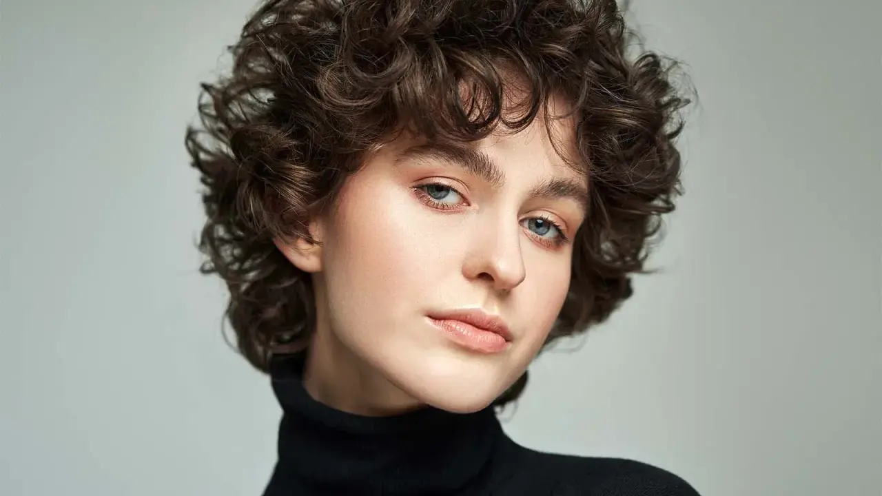 Modella con scalati tagli corti ricci, sguardo intenso e labbra naturali.