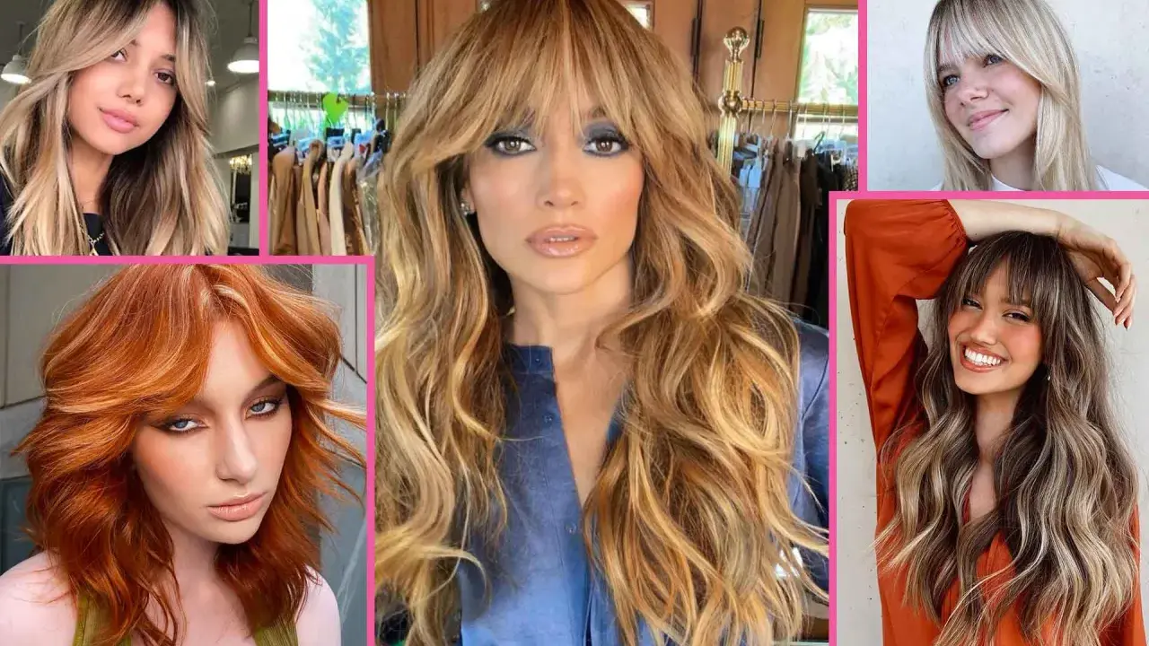 Cinque donne con capelli lunghi e mossi, tutte con una splendida frangia a tendina sfilata che incornicia i volti.