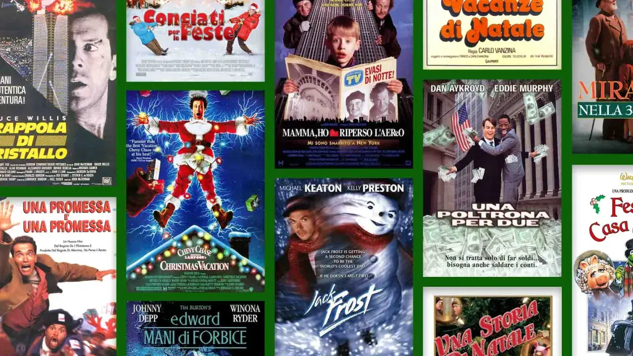 Un collage di locandine di film di Natale, tra cui "Una poltrona per due" e "Natale all'inferno".