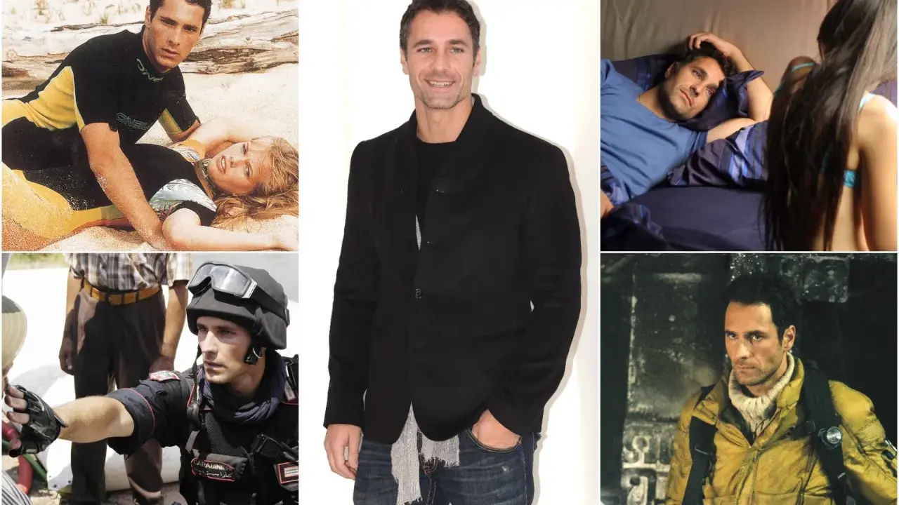 Collage di scene dai film e programmi TV di Raoul Bova: in spiaggia, in letto, in divisa da carabiniere e in un'avventura.