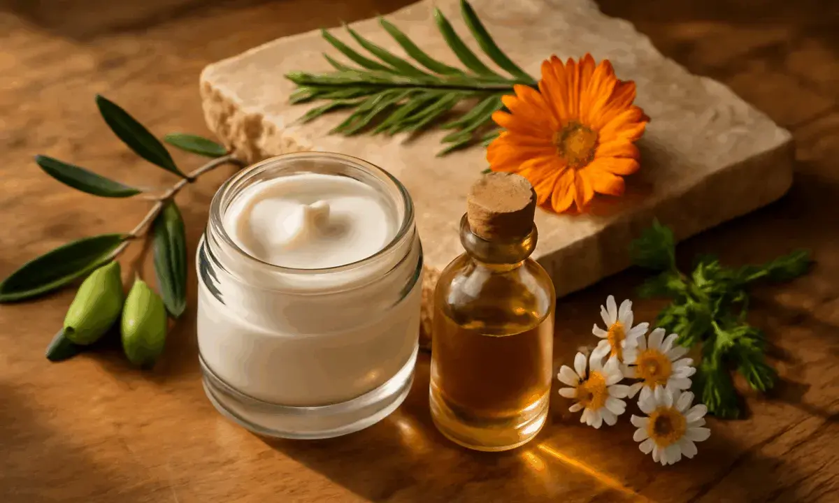 Crema bianca in vasetto, olio in boccetta, fiori e rametto d'ulivo, ingredienti perfetti per una maschera capelli fai da te naturale.
