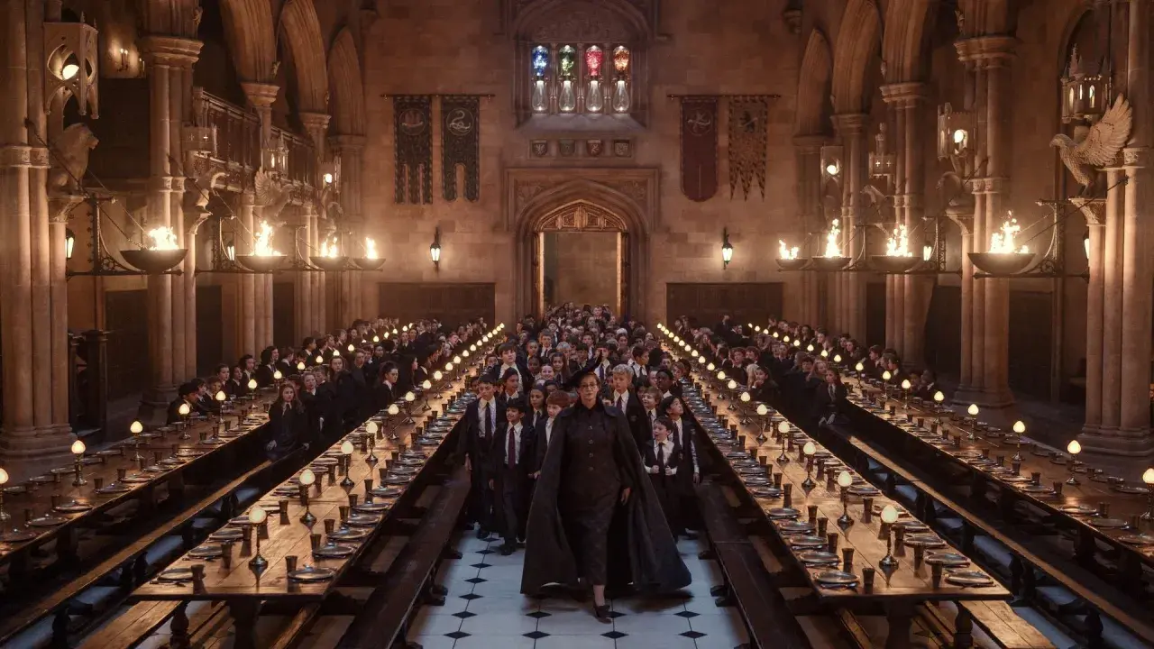La Grande Sala di Hogwarts, con studenti in divisa e torce accese, pronta per una nuova avventura della **harry potter serie tv**.