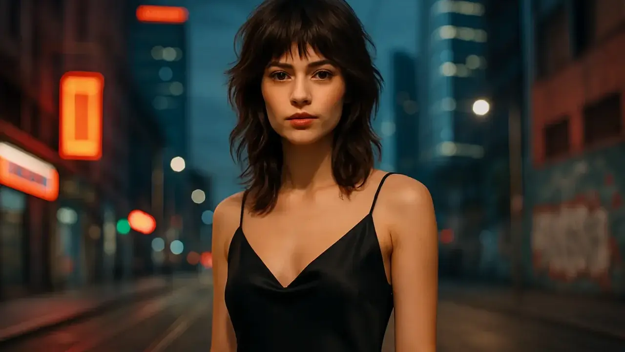 Ragazza con taglio wolf cut, abito nero, in strada di notte con luci sfocate.