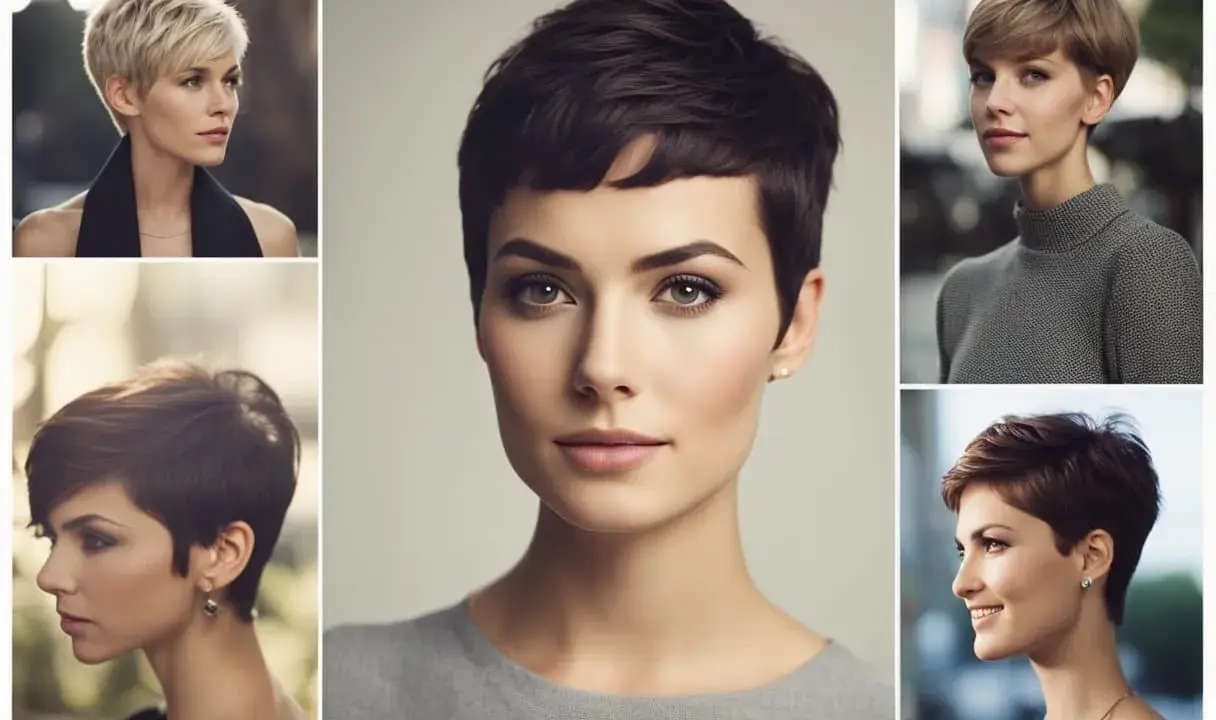 Cinque donne con un elegante pixie cut spettinato, ognuna con un look unico e sofisticato.