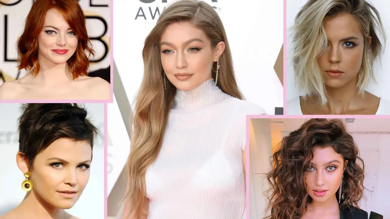 Cinque donne con diversi tagli di capelli. Un'idea per un taglio capelli viso cicciotto è il caschetto mosso o un pixie cut sfilato.