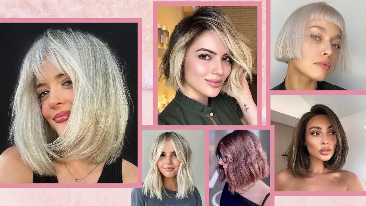 Sei donne con diversi tagli di capelli, tra cui un caschetto lungo scalato, mostrano stili moderni e chic.
