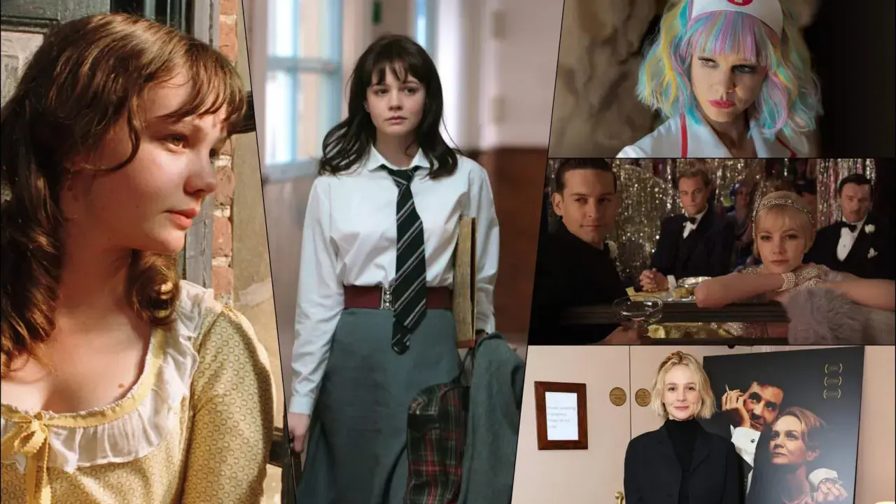 Collage di film di Carey Mulligan: da giovane in abiti d'epoca a infermiera colorata, fino a scene di gala e un poster di "Maestro".