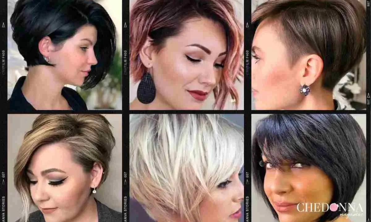 Sei donne con un paffuto taglio capelli viso tondo, sfoggiano pixie cut e bob asimmetrici in varie tonalità.