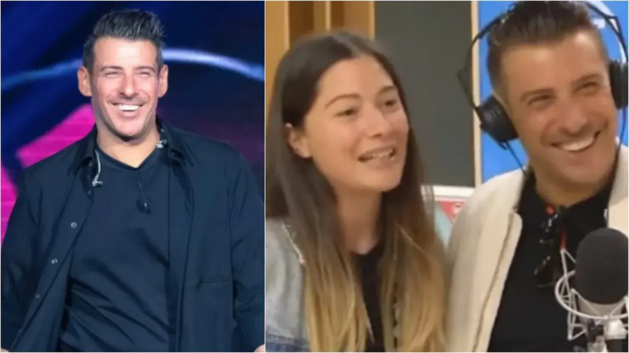 Francesco Gabbani sorride sul palco, mentre a destra è con la sua fidanzata in radio, entrambi felici.