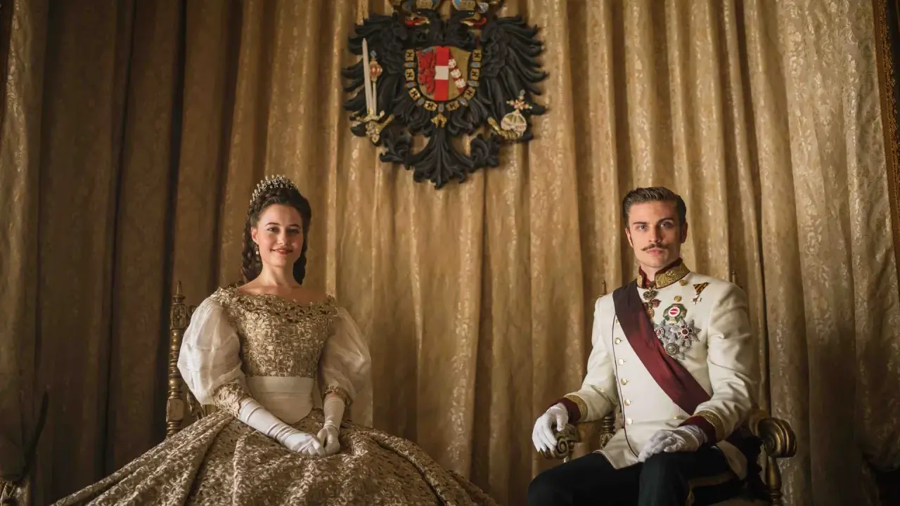 La principessa Sissi e l'imperatore Francesco Giuseppe nella serie tv, seduti su poltrone dorate, con uno stemma imperiale sullo sfondo.