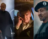 Denzel Washington, Liam Neeson e Sylvester Stallone in un collage di scene d'azione, anticipando "I mercenari 4".