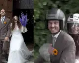 Coppia felice al suo matrimonio, con un bouquet di fiori e un giro in moto. Francesca Michielin festeggia il suo giorno speciale.