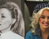 Dolly Parton senza parrucca, in un ritratto in bianco e nero e uno a colori con bandana.