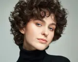 Modella con scalati tagli corti ricci, sguardo intenso e labbra naturali.