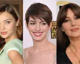 Tre visi femminili con diversi tipi di frangia: lunga e ondulata, corta e sfilata, e piena e dritta.