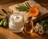 Crema bianca in vasetto, olio in boccetta, fiori e rametto d'ulivo, ingredienti perfetti per una maschera capelli fai da te naturale.