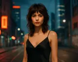 Ragazza con taglio wolf cut, abito nero, in strada di notte con luci sfocate.