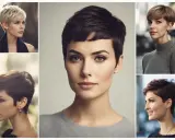 Cinque donne con un elegante pixie cut spettinato, ognuna con un look unico e sofisticato.