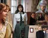 Collage di film di Carey Mulligan: da giovane in abiti d'epoca a infermiera colorata, fino a scene di gala e un poster di "Maestro".