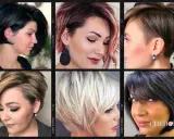 Sei donne con un paffuto taglio capelli viso tondo, sfoggiano pixie cut e bob asimmetrici in varie tonalità.