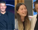 Francesco Gabbani sorride sul palco, mentre a destra è con la sua fidanzata in radio, entrambi felici.