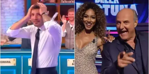 Il cast de La Favorita: un uomo con le mani tra i capelli, una donna sorridente e un uomo che indica.