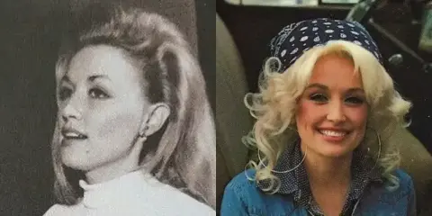 Dolly Parton senza parrucca, in un ritratto in bianco e nero e uno a colori con bandana.