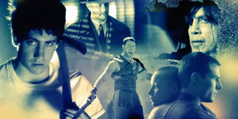 Collage di scene iconiche di film anni 2000: un giovane con un piccone, un gladiatore urlante, un uomo con cappello e un volto dietro un vetro rotto.