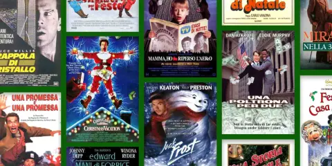Un collage di locandine di film di Natale, tra cui "Una poltrona per due" e "Natale all'inferno".