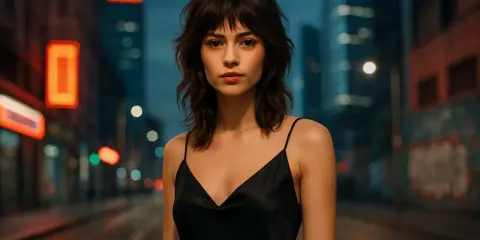 Ragazza con taglio wolf cut, abito nero, in strada di notte con luci sfocate.