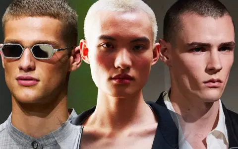 Tre volti con capelli cortissimi, un uomo con occhiali decorati, un altro con un taglio buzz cut donna, e un terzo con sguardo intenso.