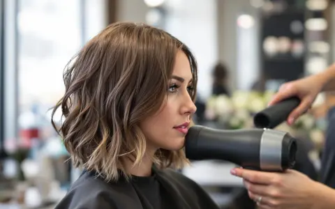 Donna con un taglio scalato medio corto, mentre il parrucchiere le asciuga i capelli con un phon.