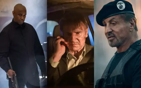 Denzel Washington, Liam Neeson e Sylvester Stallone in un collage di scene d'azione, anticipando "I mercenari 4".
