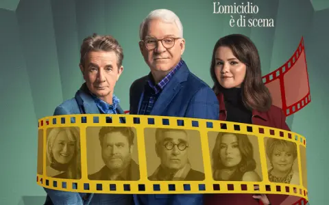 I protagonisti di Only Murders in the Building 4, tra cui Steve Martin, Martin Short e Selena Gomez, sono ritratti in un poster cinematografico.