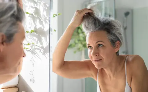 Donna si sistema i capelli grigi davanti allo specchio, cercando modi per camuffare i capelli bianchi senza tinta.