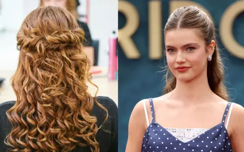 Capelli semi raccolti eleganti con ricci definiti e un'acconciatura laterale raffinata.