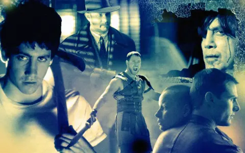 Collage di scene iconiche di film anni 2000: un giovane con un piccone, un gladiatore urlante, un uomo con cappello e un volto dietro un vetro rotto.