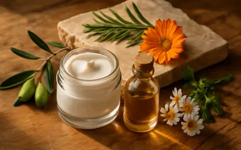 Crema bianca in vasetto, olio in boccetta, fiori e rametto d'ulivo, ingredienti perfetti per una maschera capelli fai da te naturale.