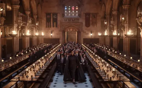 La Grande Sala di Hogwarts, con studenti in divisa e torce accese, pronta per una nuova avventura della **harry potter serie tv**.