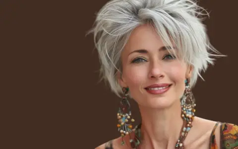 Donna sorridente con over 50 capelli corti mossi spettinati, orecchini etnici e un top colorato.