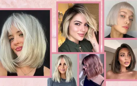 Sei donne con diversi tagli di capelli, tra cui un caschetto lungo scalato, mostrano stili moderni e chic.